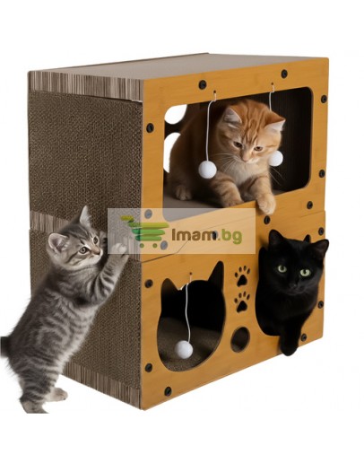 Драскалка за котки двуетажна къща легло с играчки неплъзгащо се